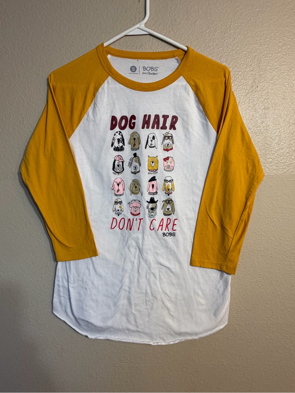Bobs for Skechers White & Mustard Raglan Tee - "Dog Hair Don't Care" S